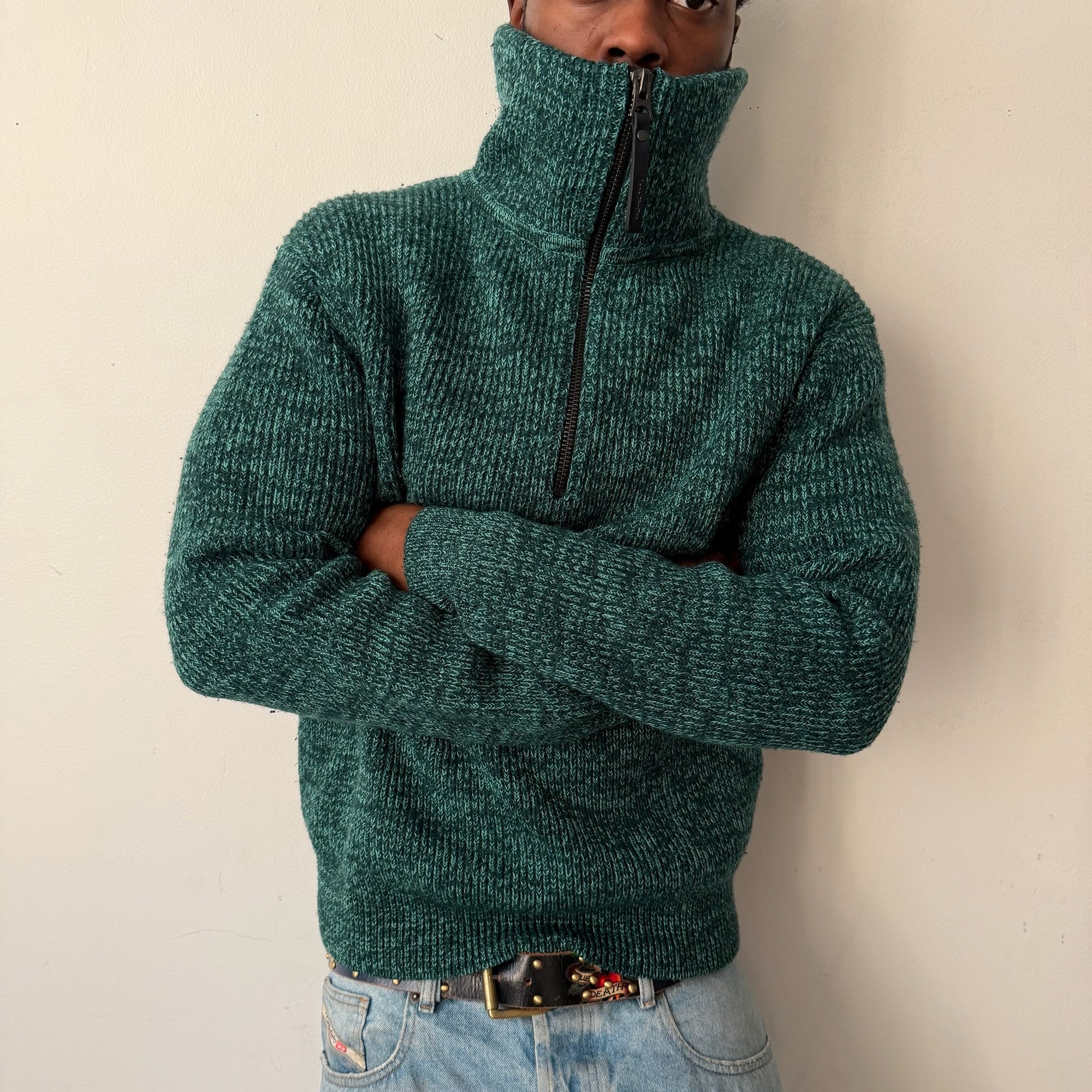 Acne Studios Half-Zip Ribbed Sweater in Forest Green